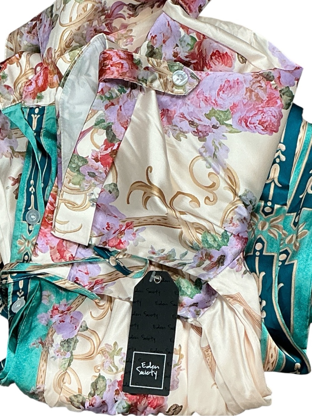 Eden Society - NWT - Floral Satin Shirt Jumpsuit in Teal & Cream - Picture 4 of 6